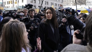 Ambra Battilana Gutierrez outside Manhattan Criminal Court in 2020. (Timothy A. Clary/AFP/Getty Images via CNN Newsource)