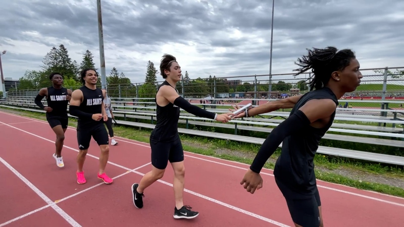 EJ Manyeza, Quinn Vanneste, Dexter Dunlop and Nathaniel Alagakone (from left to right) broke a two-decades old record at the NCSSAA western conference meet on May 15. (Dave Charbonneau/CTV News Ottawa)