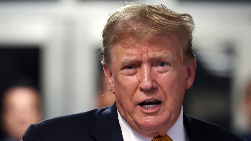 Former President Donald Trump speaks following the day's proceedings in his trial Tuesday, May 21, 2024, in Manhattan Criminal Court in New York. (Michael M. Santiago/Pool Photo via AP)
