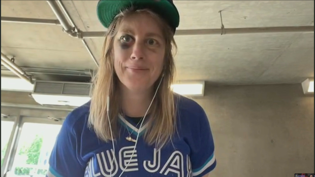 Blue Jays fan Liz McGuire does a TV interview with CP24 on Wednesday, May 22, 2024.