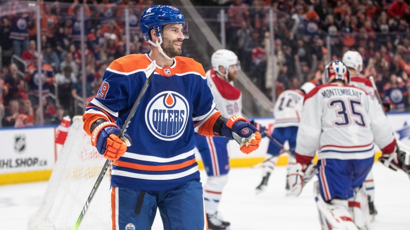 Edmonton Oilers forward Adam Henrique after scoring a goal during NHL action on March 19, 2024, against the Montreal Canadiens. (Jason Franson/The Canadian Press)