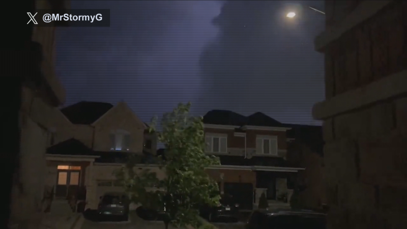 A still from a video showing a thunderstorm in Bradford, Ont. on May 22, 2024. (X/@MrStormyG)