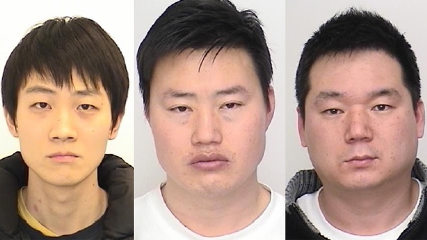 The Toronto Police Service released photos of the following suspects (from left to right): Hyung Jun Ha, 26; Jong Il Lee, 33; and Sang Cheol Lee, 37.