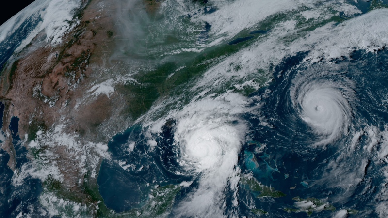 NOAA's GOES-16 satellite captured Hurricane Idalia approaching the western coast of Florida while Hurricane Franklin churned in the Atlantic Ocean at 5:01 p.m. EDT on August 29, 2023. (Source: NOAA Satellites)