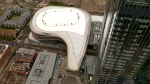 An overhead view of Rogers Place taken on May 23, 2024, beside the Stantec Tower. (Cam Wiebe / CTV News Edmonton) 