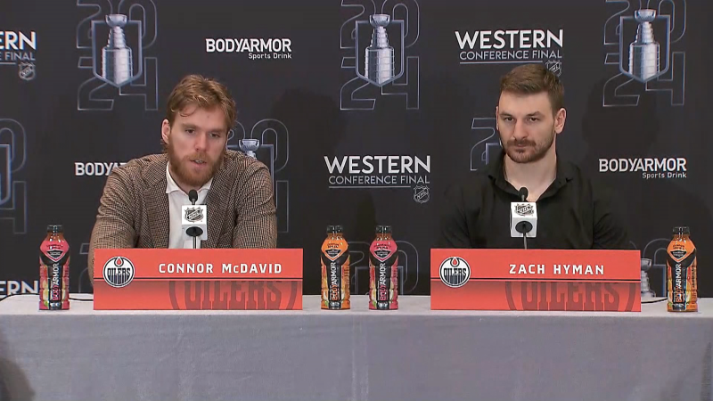 Oilers stars Connor McDavid and Zach Hyman speak to media in Dallas on May 22, 2024, ahead of the start of the western conference finals. 