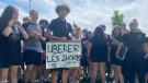 Students at Curé-Antoine-Labelle High School in Laval protesting what they call a "sexist" dress code. (Kelly Greig/CTV News)