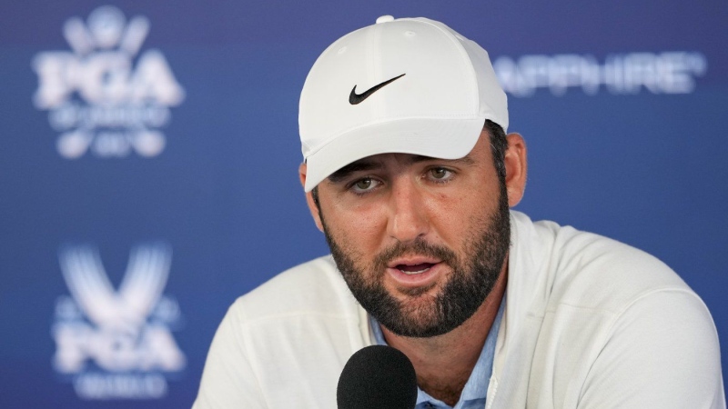 Scottie Scheffler speaks during a news conference after the second round of the PGA Championship golf tournament at the Valhalla Golf Club, Friday, May 17, 2024, in Louisville, Ky. (Matt York / The Associated Press)