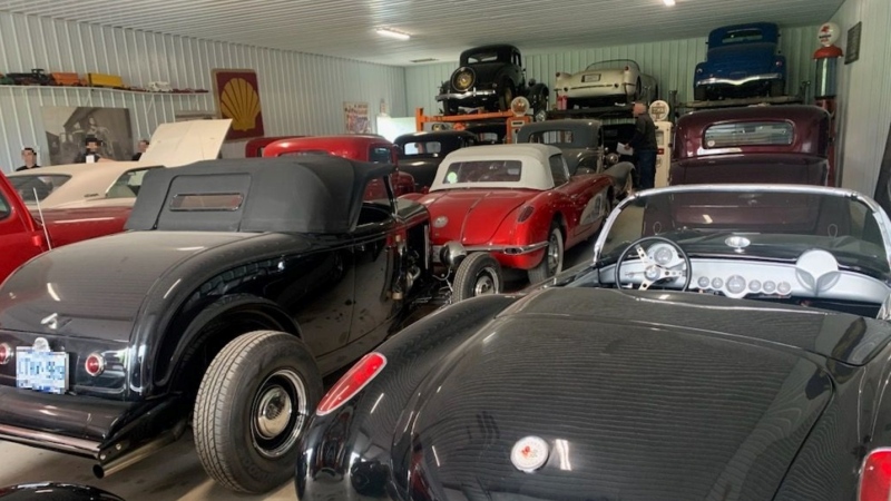 Numerous classic cars OPP seized from a property in Stirling, Ont. on May 14, 2024 that were reported stolen from Lambton County. (Source: OPP)