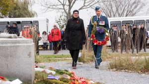 New Brunswick Lt. Governor Brenda Murphy lays a wreath at the cenotaph as part of the Provincial Remembrance Day ceremony in Fredericton on Saturday, Nov. 11, 2023. THE CANADIAN PRESS/Stephen MacGillivray