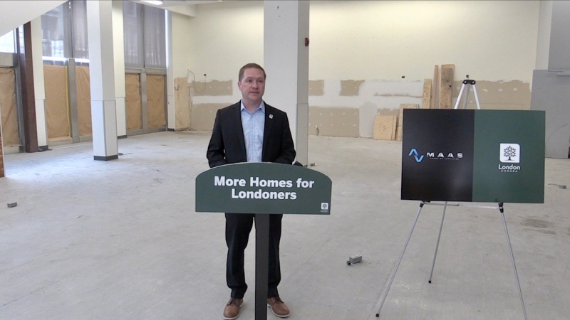 London Mayor Josh Morgan announcing the conversion of office space into residential  units. May 23, 2024. (Sean Irvine/CTV News London)