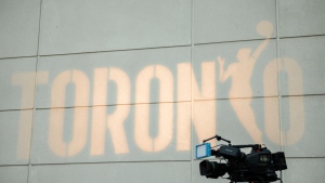 A news camera is seen during a news conference announcing the city's WNBA franchise Toronto on Thursday, May 23, 2024. THE CANADIAN PRESS/Christopher Katsarov