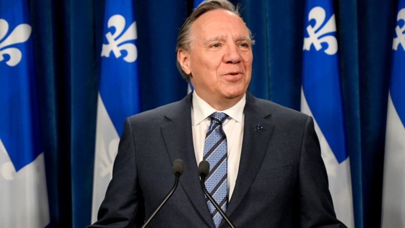 Premier François Legault holds a press conference after Question Period, Wednesday, May 8, 2024, at the National Assembly in Quebec City. (Karoline Boucher/The Canadian Press)
