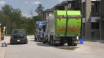 A recycling truck is pictured on Red Maple Lane in Barrie, Ont., on Thurs., May 23, 2024. (CTV News/Dave Erskine)