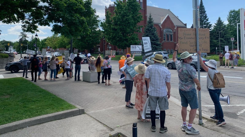Protestors gathered along Main Street in Elmira on May 23, 2024, raising concerns about Waterloo Region's efforts to buy or expropriate land in Wilmot Township. (Krista Simpson/CTV News)