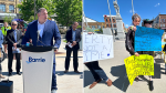 Protesters attended a downtown safety initiative announcement by Barrie Mayor Alex Nuttall on Thurs., May 23, 2024. (CTV News/Christian D'Avino)