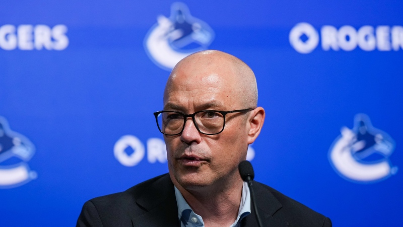 Vancouver Canucks general manager Patrik Allvin speaks during the NHL hockey team's end of season news conference, in Vancouver, B.C., Thursday, May 23, 2024. THE CANADIAN PRESS/Darryl Dyck