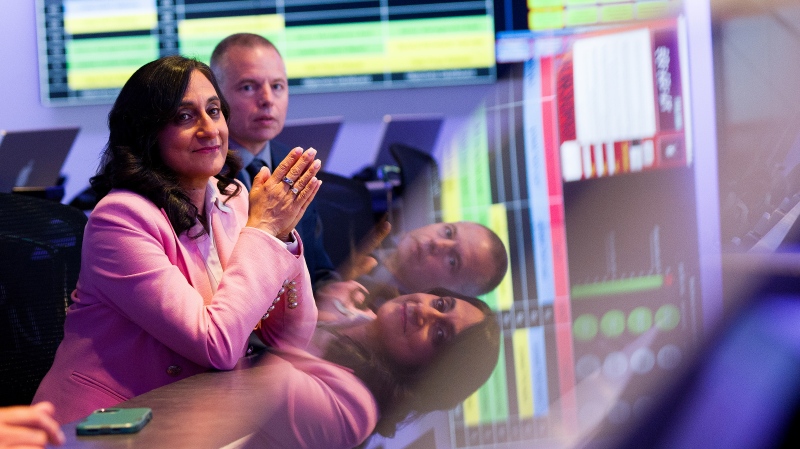 President of the Treasury Board Anita Anand participates in a tour of the uOttawa-IBM Cyber Range, at the University of Ottawa, in Ottawa, Wednesday, May 22, 2024. THE CANADIAN PRESS/Justin Tang