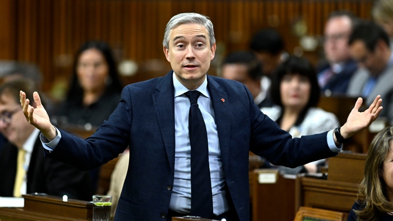 Minister of Industry Francois-Philippe Champagne rises during Question Period in the House of Commons on Parliament Hill in Ottawa on Thursday, May 9, 2024. THE CANADIAN PRESS/Justin Tang