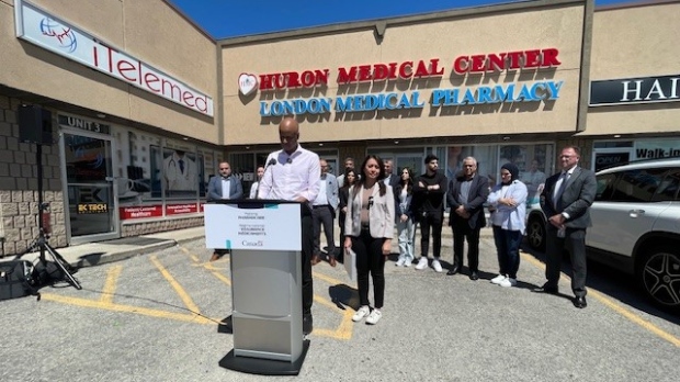 International Development Minister Ahmed Hussen and Small Business Minister Rechie Valdez were in London Friday to speak about pharmacare. May 24, 2024. (Marek Sutherland/CTV News London)