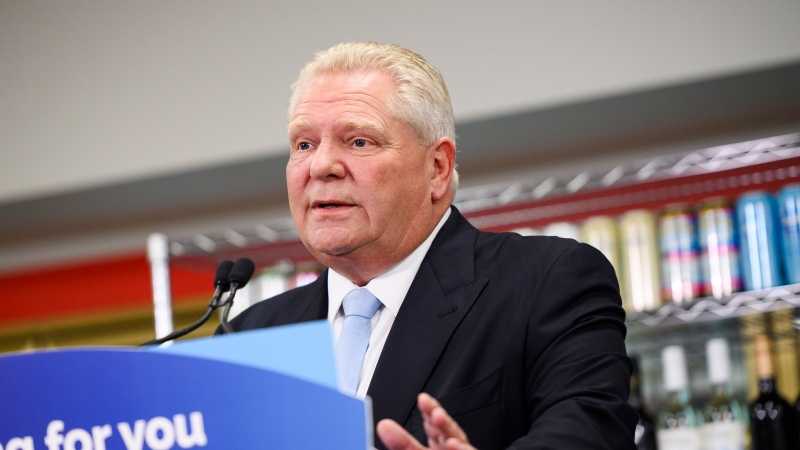 Ontario Premier Doug Ford makes an announcement at a gas station saying the province is speeding up the expansion of alcohol sales, in Toronto on Friday, May 24, 2024. THE CANADIAN PRESS/Christopher Katsarov