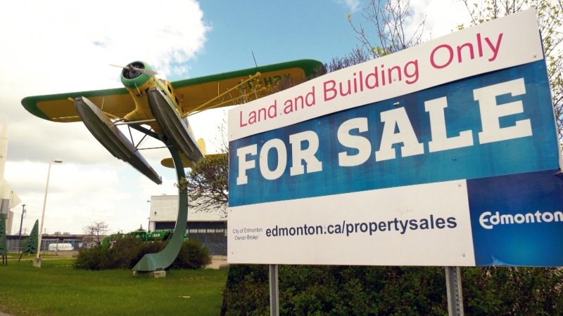 A for sale sign in front of Edmonton's Hangar 14. (Nav Sangha/CTV News Edmonton)