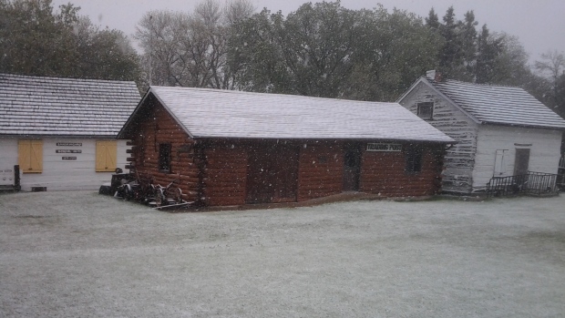 Snow falls at the Fort Dauphin Museum on May 24, 2024 (Theresa Marie Deyholos)