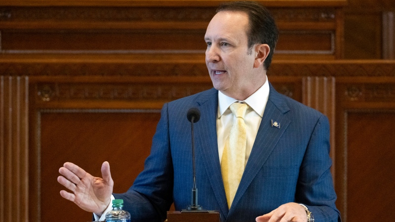 FILE - Louisiana Gov. Jeff Landry addresses members of the House and Senate on opening day of a legislative special session, Feb. 19, 2024, in the House Chamber at the State Capitol in Baton Rouge, La. (Hilary Scheinuk / The Advocate via AP, File)