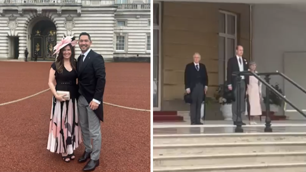 Megan Kirk Chang and Brandon Chang (L) at Buckingham Palace and Prince William (R) on the stairs of the palace in London, England, on Tues., May 21, 2024. (Supplied)