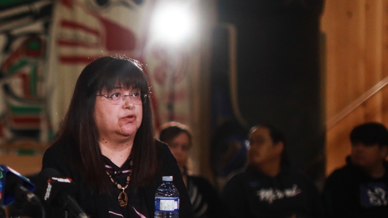 Heiltsuk Chief Marilyn Slett answers questions during a news conference in Bella Bella, B.C., on Monday, Oct. 24, 2022. (Chad Hipolito / The Canadian Press)
