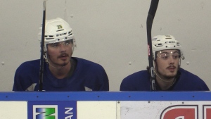 London Knights line mates Kaleb Lawrence (left) and Landon Sim will return from suspension for the team’s Memorial Cup opener on May 25, 2024 in Saginaw, Mich. (Brent Lale/CTV News London)