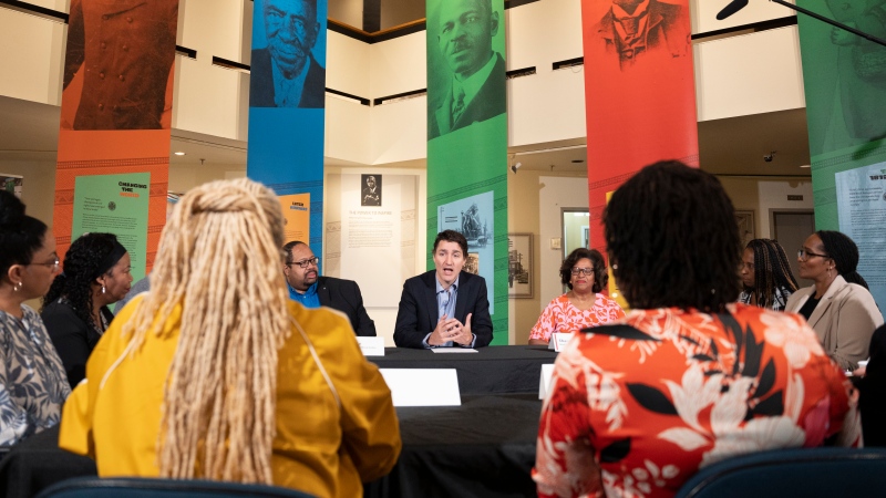 Prime Minister Justin Trudeau meets with members of the Health Association of African Canadians and other community leaders at the Black Cultural Centre for Nova Scotia in Halifax on Saturday, May 25, 2024. THE CANADIAN PRESS/Darren Calabrese