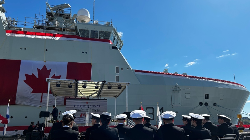 The HMCS Frédérick Rolette was christened Saturday morning at the Irving Shipyard in Halifax. (Jonathan MacInnis/CTV News)