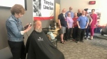 Participant gets his head shaved at Razors of Hope fundraiser in Barrie, Ont on May 25, 2024 (CTV News/Dave Sullivan).