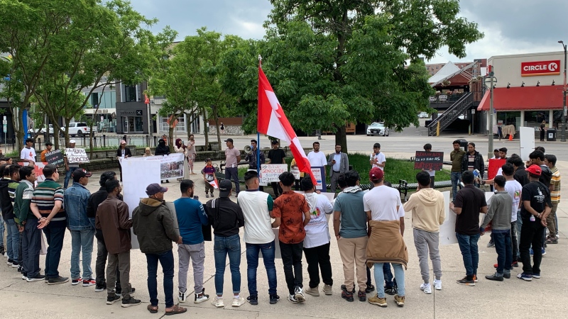Members of London, Ont.'s Rohingya-Canadian community demonstrate at Victoria Park against genocide in Myanmar on May 25, 2024. (Bryan Bicknell/CTV News London)