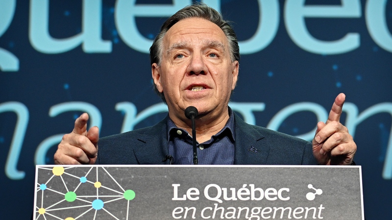 Quebec Premier and CAQ leader Francois Legault speaks at the party's general council meeting in Saint-Hyacinthe, Que., Saturday, May 25, 2024. THE CANADIAN PRESS/Graham Hughes