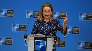 United States Ambassador to NATO Julianne Smith speaks during a media conference at NATO headquarters in Brussels, Tuesday, Feb. 15, 2022. (AP Photo/Virginia Mayo) 