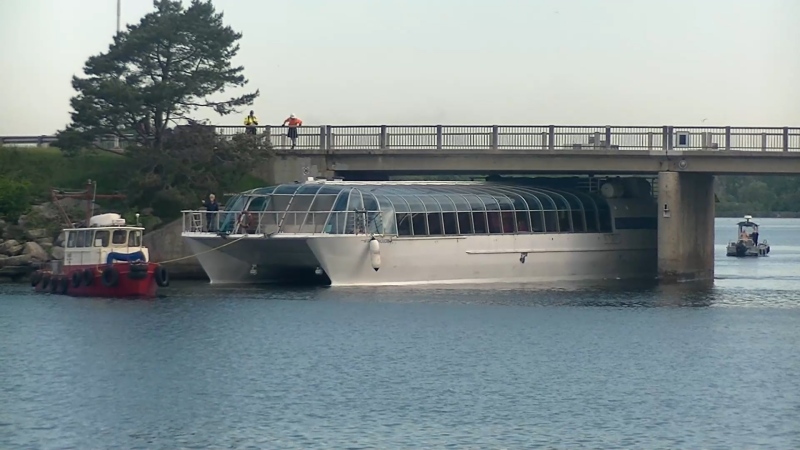 The Island Star being carefully moved underneath the closed LaSalle Causeway. May 23rd, 2024. (Credit: Eric Ferguson/Kingston 1000 Islands Cruises).