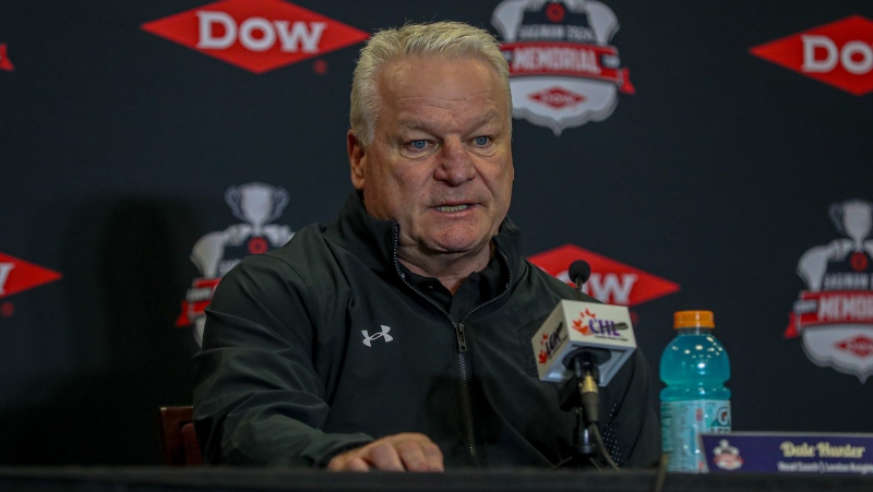 London Knights Coach Dale Hunter speaks following London's 4-0 win over Drummondville at the Memorial Cup tournament in Saginaw, Michigan. May 25, 2024. (Source: Canadian Hockey League)