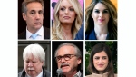 This combination photo shows, top row from left, Michael Cohen on May 14, 2024, in New York, Stormy Daniels on May 23, 2018, in West Hollywood, Calif., Hope Hicks on Feb. 27, 2018, in Washington, and bottom row from left, Jeffrey McConney on Nov. 15, 2022, in New York, David Pecker on Jan. 31, 2014, in New York and Madeleine Westerhout on April 2, 2018, in Washington.  (AP Photo)