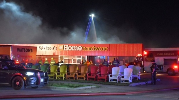 Fire crews responded to a blaze at the Home Hardware store in Goderich, Ont. on May 25, 2024. (Source: Aric Brindley)