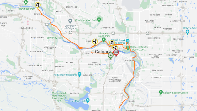 The race route for the 2024 Calgary Marathon. (Source: Calgary Marathon/racepoint.ca)