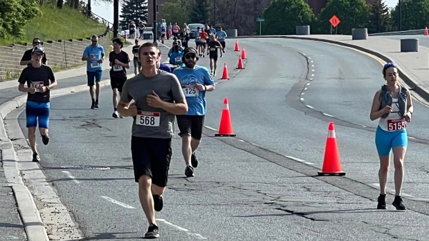 Many ran or walked the 42-kilometre Sudbury Rocks marathon in support of the fight against cancer on May 26, 2024. (Kent Guindon/CTV News Northern Ontario)