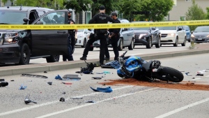 Police were called to the scene of a serious collision involving a motorcycle in Surrey on May 25, 2024. 