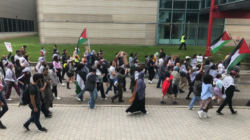 Pro-Palestinian protestors march through University of Waterloo on May 25, 2024. (Chris Thomson/CTV Kitchener) 