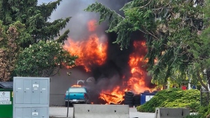 A fire at PM Automotive in Kelowna is pictured on Sunday, May 26. (Courtesy: Castanet) 
