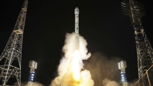 This photo allegedly shows the launch of Malligyong-1, a military spy satellite, into orbit in November 2023. (Korean Central News Agency)