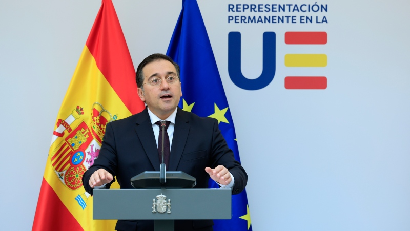 Spain's Foreign Minister Jose Manuel Albares Bueno addresses a media conference prior to talks on the Middle East in Brussels, Monday, May 27, 2024. (AP Photo/Geert Vanden Wijngaert)