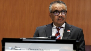 Tedros Adhanom Ghebreyesus, Director General of the World Health Organization (WHO), observes the assembly, during the opening of the 77th World Health Assembly (WHA77) at the European headquarters of the United Nations in Geneva, Switzerland, Monday, May 27, 2024. (Salvatore Di Nolfi / Keystone via AP)