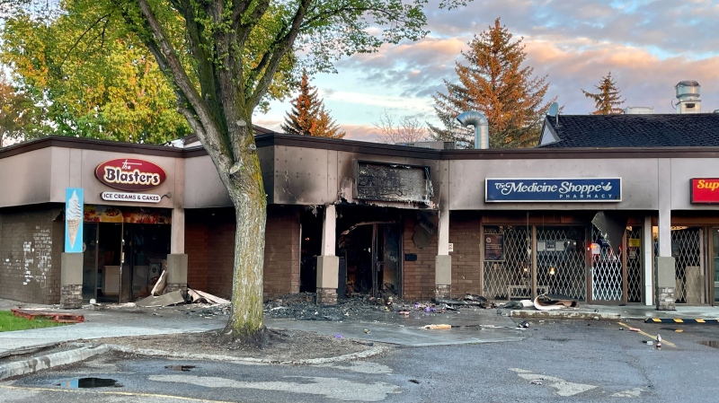 Three businesses sustained visible damage in a fire at a strip mall on Knottwood Road in Mill Woods on May 27, 2024: Hamud Halal Meat and Grocery, Blasters Ice Creams and Cakes, and Medicine Shoppe Pharmacy. (Evan Klippenstein / CTV News Edmonton) 